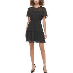 Karl Lagerfeld Paris NWT $129 Black Tiered Chiffon Dress Flutter Sleeves Size 14